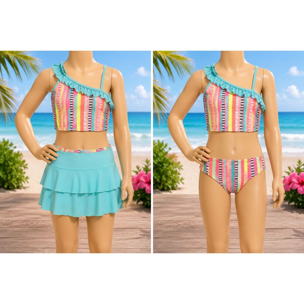 Cat & Jack Girls Size L 10/12 3 Piece Swimsuit Set Stripe Ruffle Skirt Cover #11